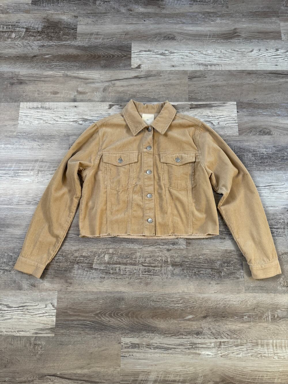 Tan Corduroy Cropped Trucker Jacket Raw Hem Western Boho Coastal Cowgirl Fall L